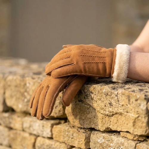 Womens Sheepskin Gloves with stitch detail - Tan