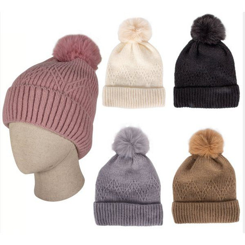 Thermaxxx Ladies Winter Pom-Pom Hat with Faux Fur (Assorted Colors)
