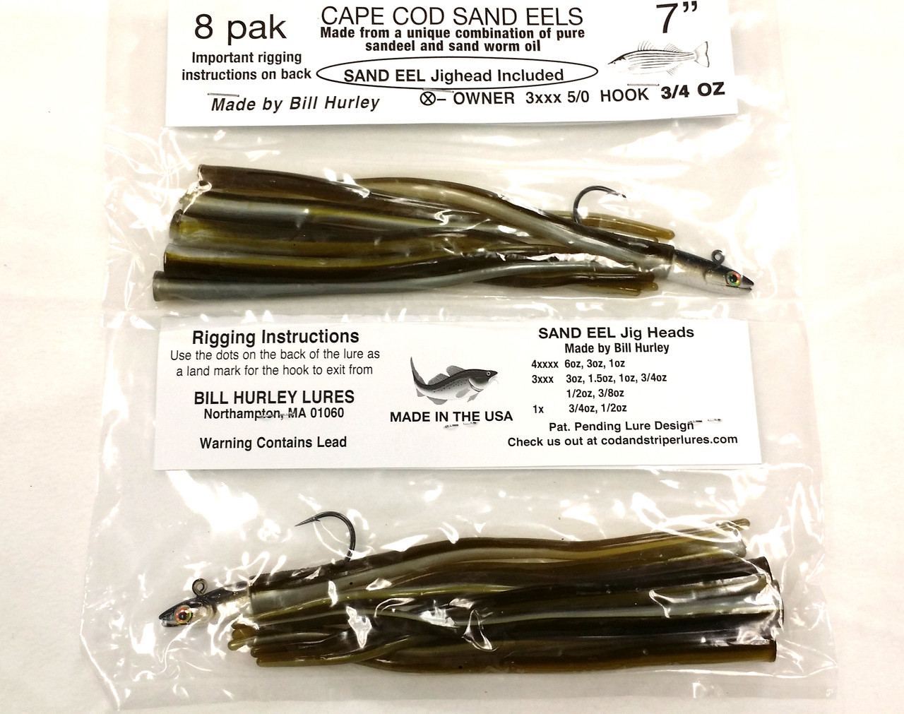 Bill Hurley Cape Cod Sand Eels 7 8PK (1x Sand Eel Lure + 7 x Mouse Tails /  Made from Pure Sand Eel & Sand Worm Oil), Bill Hurley