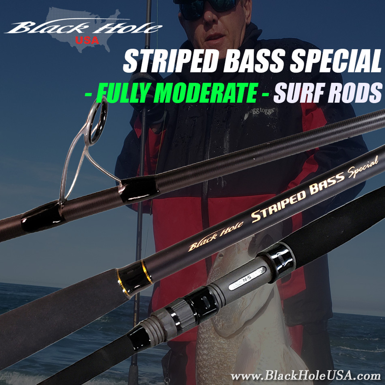 Black Hole USA Striped Bass Special FULLY MODERATE Surf Rods, Black Hole USA,  Striped Bass