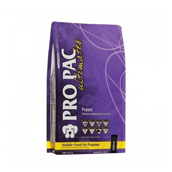 PRO PAC Ultimates Puppy Chicken Meal & Brown Rice Formula esta científicamente formulado para el primer año del perrito de crecimiento.