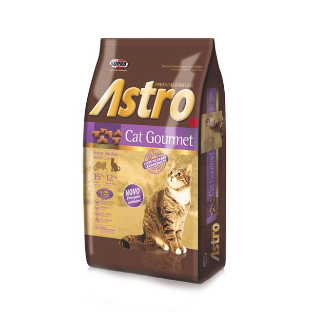 Astro Cat Gourmet, alimento Premium Especial para gatos exigentes. Compuesto de proteínas especialmente seleccionadas y de fibras que ayudan el proceso digestivo y la eliminación de bolas de pelos.