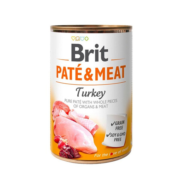 Brit Paté & Meat Turkey es un alimento húmedo completo indicado para perros adultos. Formulado con 70% de pollo y pavo + paté puro de carne.