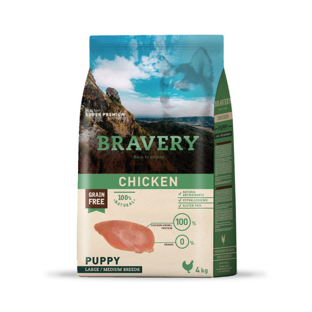 Bravery, Es un alimento SUPER PREMIUM elaborado con 100% proteína animal deshidratada como primer ingrediente, libre de granos y transgénicos.