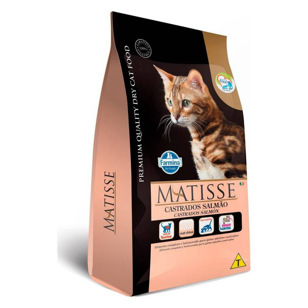 Matisse Salmón para Gatos Castrados es un alimento completo y balanceado desarrollado especialmente para atender las necesidades de los gatos castrados.