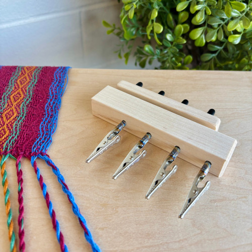 Handcrafted maple Quad End Fringe Twister tool for fiber artists, allowing fast and even twisting of four fringe bundles simultaneously.