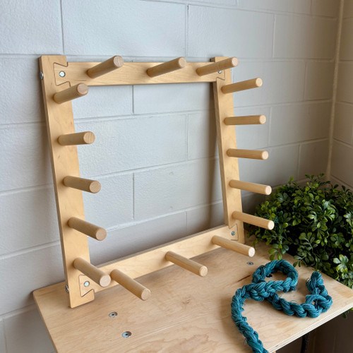 Hard maple 4.5 yard warping board designed for measuring and preparing warp yarn for weaving projects.