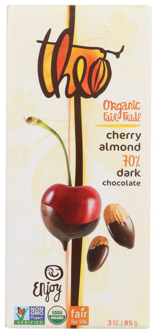 THEO CHOCOLATE DARK CHOCOLATE CHERRY & ALMOND BAR ( 12X3OZ ) THEO CHOCOLATE DARK CHOCOLATE CHERRY & ALMOND BAR ( 12X3OZ )