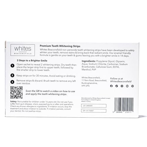 Whites Beaconsfield Teeth Whitening Strips, 28 Strips (14-Day Treatment) – Non-Peroxide Formula, Enamel-Safe, Brighten Teeth Fast, Removes Coffee, Wine, Smoke Stains, Safe for Sensitive Teeth