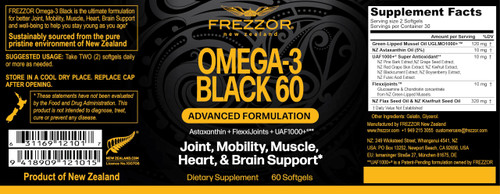 FREZZOR Omega 3 Black for Joint Care & Comfort - New Zealand Green Lipped Mussel Oil Capsules; 53x Higher Potency with UAF1000+ Super Antioxidant, No Fishy Aftertaste, 1-Pack, 60 Softgels
