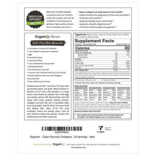 Organixx Collagen Peptides Powder with Vitamin C, Types I, II, III, V, X Hydrolyzed Collagen, Hair, Nail, Skin, Bone & Joint Health, Aging Support, Clean Sourced, Gluten Free, Unflavored, 20 Servings