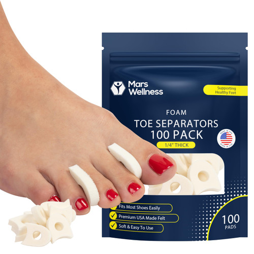 Premium Foam Toe Separators for Women and Men - Made in USA - Foam Toe Spacers for Corn, Blister, and Hammer Toe Relief - 1/4 Inch - Bulk Pack of 100 Toe Pads
