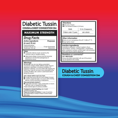 Diabetic Tussin DM Maximum Strength Cough Medicine with Chest Congestion Relief - 8 Fl oz - Liquid Cough Syrup, Safe for Diabetics, Berry Flavored (Pack of 2)