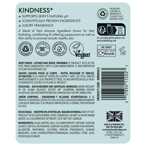 Baylis & Harding Kindness + Hyaluronic Acid, Pear & Orange Blossom Fragrance, 16.9 fl. oz Cleanse & Hydrate Body Wash (Pack of 3) - Biodegradable Formula - Vegan Friendly