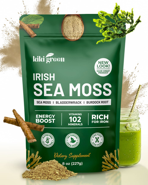 KIKI Green Irish Sea Moss Powder 8 Oz - with Bladderwrack Burdock Root Extract for Immune Support - Keto, Vegan Supplement