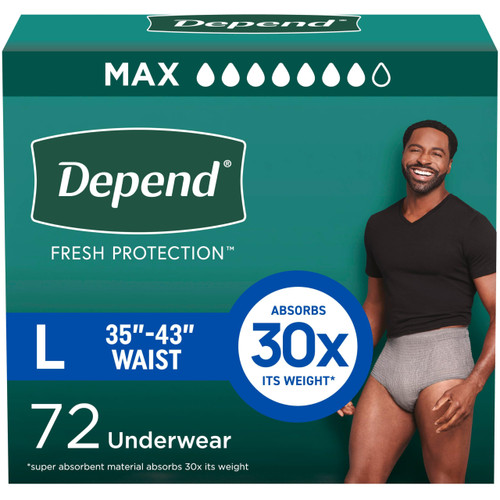 Depend Fresh Protection Adult Diapers, Incontinence Underwear for Men, Disposable, Maximum, Large, Grey, 72 Count (2 Packs of 36), Packaging May Vary