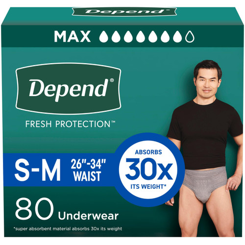 Depend Fresh Protection Adult Diapers, Incontinence Underwear for Men, Disposable, Maximum, Small/Medium, Grey, 80 Count (2 Packs of 40), Packaging May Vary