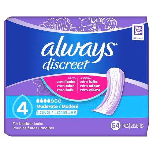 Always Discreet Adult Incontinence Pads for Women, Moderate Absorbency, Long Length, Postpartum Pads, 54 Count