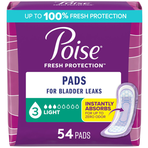 Poise Incontinence & Postpartum Pads for Bladder Leaks, 3 Drop Light Absorbency, Regular Length, 54 Count, Packaging May Vary