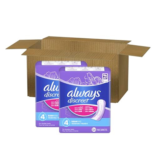 Always Discreet Adult Incontinence Pads for Women, Moderate Absorbency, Regular Length, Postpartum Pads, 108 Count (2 Packs of 54)