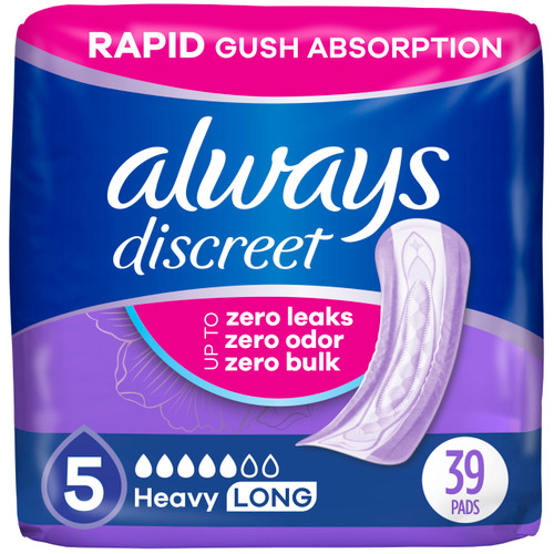 Always Discreet Adult Incontinence Pads for Women, Heavy Absorbency, Long Length, Postpartum Pads, 39 Count