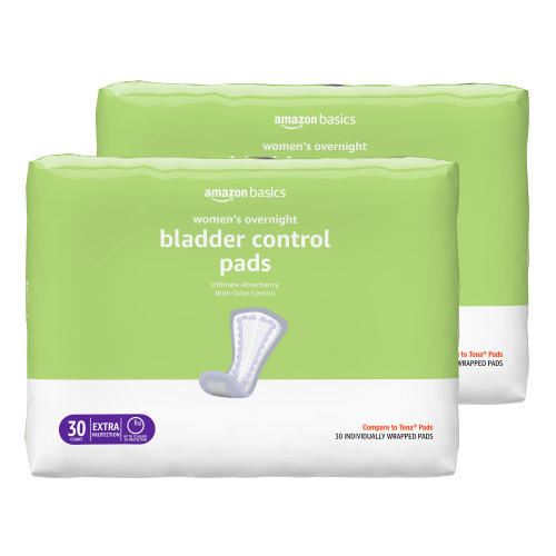 Amazon Basics Incontinence Pads for Women, Bladder Control, Postpartum, Overnight Absorbency, Unscented, 60 Count (2 Packs of 30)