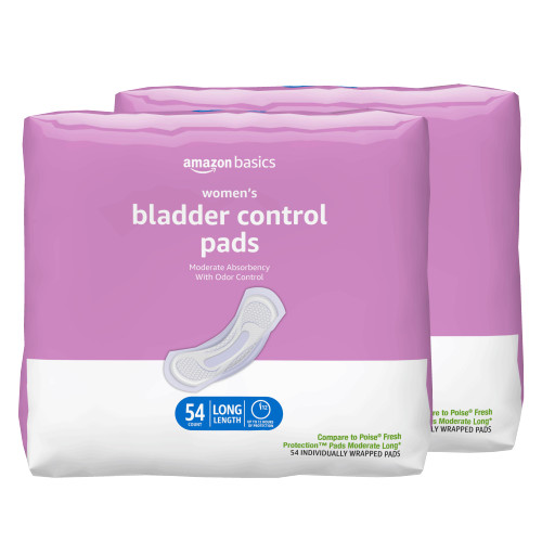Amazon Basics Incontinence Pads for Women Long, Bladder Control, Postpartum, Moderate Absorbency, Unscented, 108 Count (2 Packs of 54)