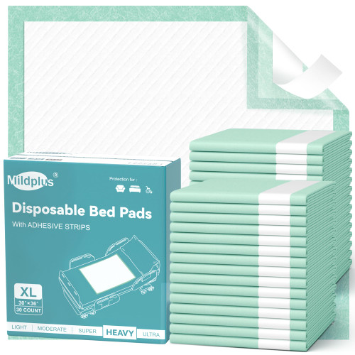 MILDPLUS Bed Pads with Adhesive Strips 30''X36'', 30 Count | Extra Large XL Underpads | Secure & Waterproof Chucks for Incontinence Care | for Adults, Seniors, Kids & Pets