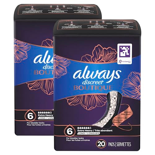 Always Discreet Boutique Incontinence Pads, for Bladder Leaks, Extra Heavy Absorbency, Long Length, 40 Count (2 Packs of 20)
