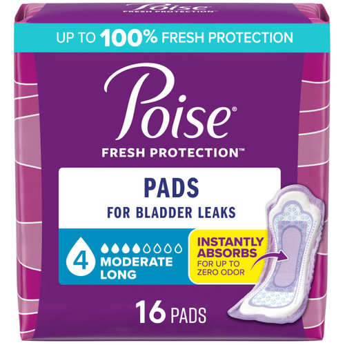 Poise Incontinence & Postpartum Pads for Bladder Leaks, 4 Drop Moderate Absorbency, Long Length, 16 Count, Packaging May Vary