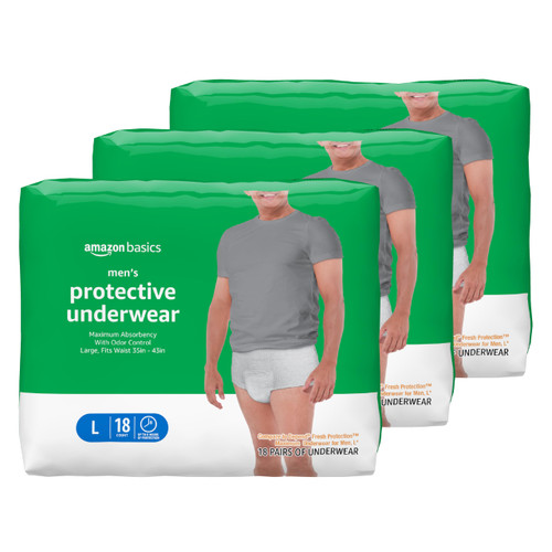 Amazon Basics Incontinence Underwear for Men, Maximum Absorbency, Large, 54 Count (3 Packs of 18)