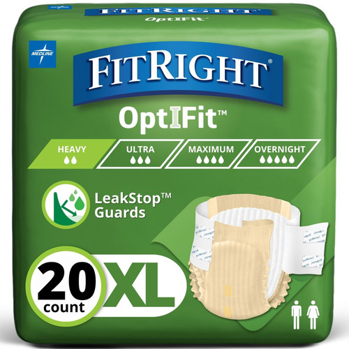 FitRight Adult Diapers, Extra+ Heavy Absorbency, XL (Waist Size 56in-64in), 20 Count, OptiFit Incontinence Briefs for Men and Women, Disposable, Moisture-Wicking, Leak Protection,