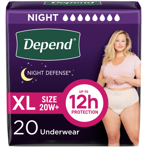 Depend Night Defense Adult Diapers, Incontinence & Postpartum Bladder Leak Underwear for Women, Disposable, Overnight, Extra-Large, Blush, 20 Count, Packaging May Vary
