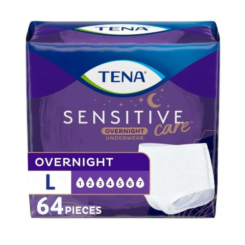 TENA Sensitive Care Overnight Incontinence Underwear for Women, Bladder Control, Postpartum, L, 64 Count (Waist size 32in-42in)