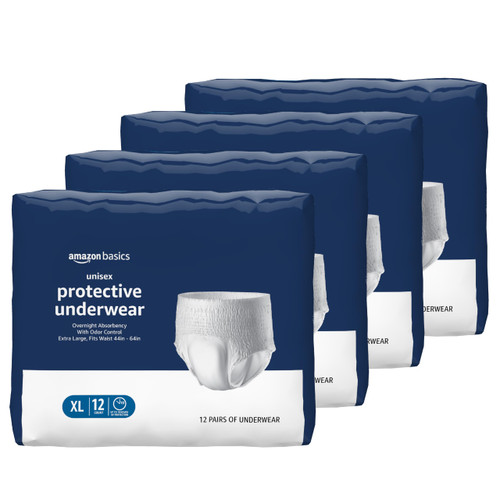 Amazon Basics Unisex Protective Underwear, Overnight Absorbency, Extra Large, 48 Count, (4 Packs of 12)
