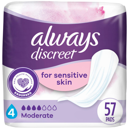 Always Discreet Incontinence Pads for Women with Bladder Leaks, Sensitive Skin Pads Moderate Absorbency, Regular Length, 57 Count