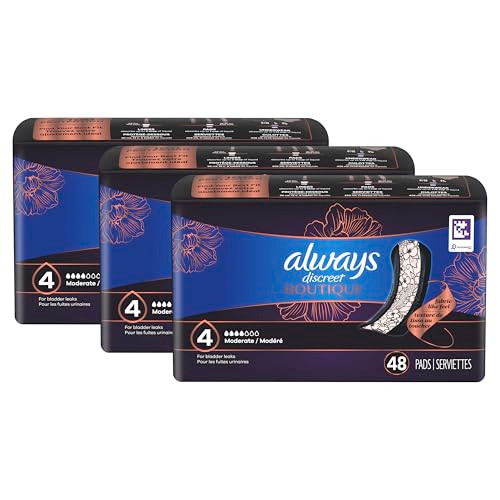 Always Discreet Boutique Incontinence Pads, for Bladder Leaks, Moderate Absorbency, Regular Length, 144 Count (3 Packs of 48)