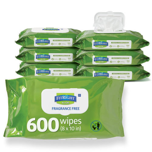 FitRight Personal Cleansing Wipes with Aloe (8x10 inch) | 600 Pieces Moisturizing Body Wipes for Adults Bathing and Incontinence Cleaning | Unscented Cloth Adult Wipes for Elderly Care