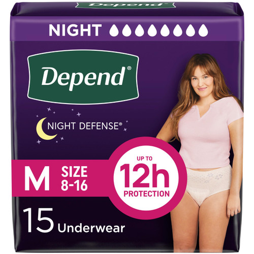 Depend Night Defense Adult Diapers, Incontinence & Postpartum Bladder Leak Underwear for Women, Disposable, Overnight, Medium, Blush, 15 Count, Packaging May Vary