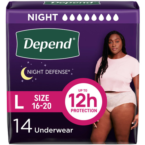 Depend Night Defense Adult Diapers, Incontinence & Postpartum Bladder Leak Underwear for Women, Disposable, Overnight, Large, Blush, 14 Count, Packaging May Vary