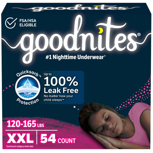 Goodnites Girls' Nighttime Underwear, Size XXL (120-165 lbs), 54 Ct, Packaging May Vary