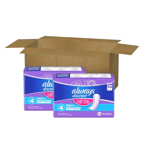 Always Discreet Adult Incontinence Pads for Women, Moderate Absorbency, Long Length, Postpartum Pads, 88 Count (2 Packs of 44)