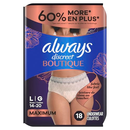 Always Discreet Boutique Incontinence and Postpartum Underwear for Women, Maximum Protection, Large, Rosy, 18 Count