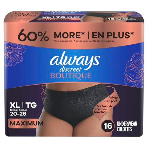 Always Discreet Boutique Incontinence and Postpartum Underwear for Women, Maximum Protection, Extra Large, Black, 16 Count