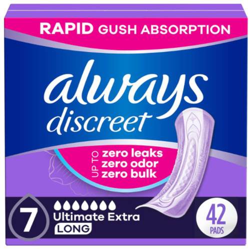 Always Discreet Adult Incontinence Pads for Women, Ultimate Extra Absorbency, Long Length, Postpartum Pads, 42 Count