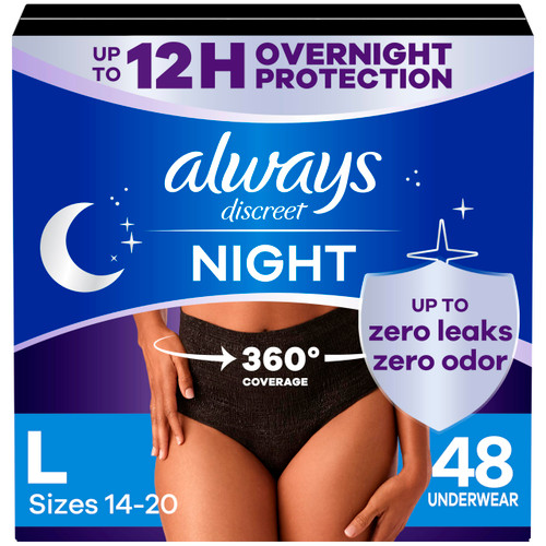 Always Discreet Adult Incontinence Overnight Underwear for Women, Large, Up to 100% Bladder Leak Protection, 48 Count (3 Packs of 16)