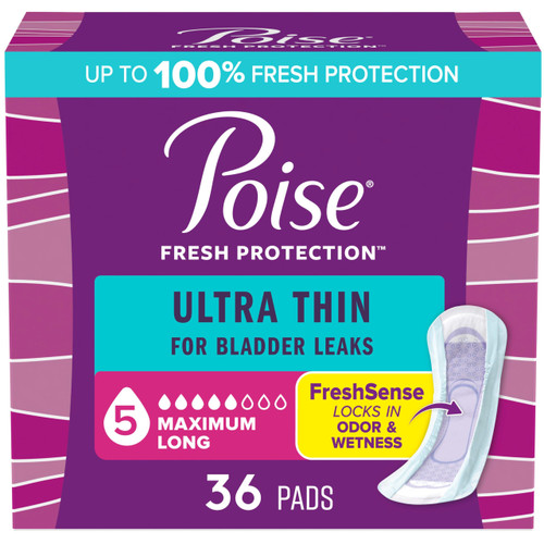 Poise Ultra Thin Incontinence Pads & Postpartum Pads for Bladder Leaks, 5 Drop Maximum Absorbency, Long Length, 36 Count, Packaging May Vary