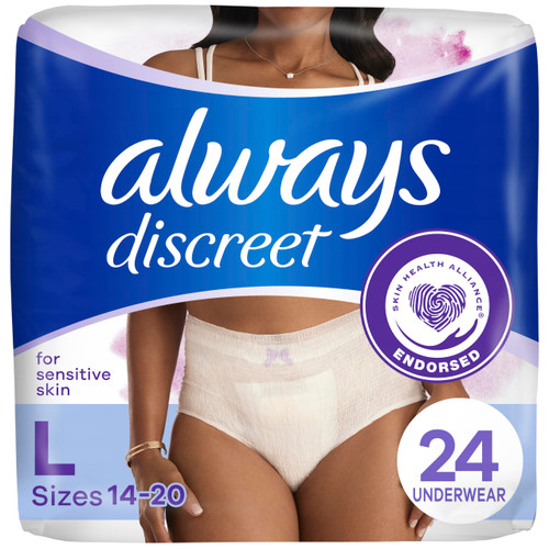 Always Discreet for Sensitive Skin Underwear, Four Times Skin Protection, Dermatologically Tested, Fragrance-Free, Maximum Absorbency, Large, 24 Count
