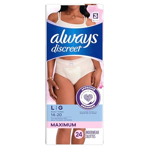Always Discreet for Sensitive Skin Underwear, Four Times Skin Protection, Dermatologically Tested, Fragrance-Free, Maximum Absorbency, Large, 24 Count