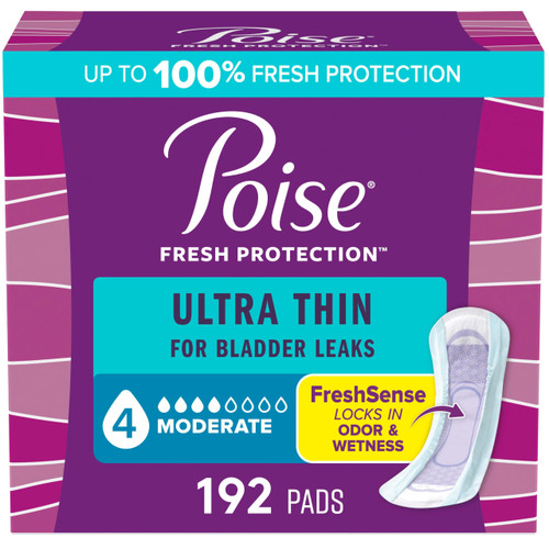 Poise Ultra Thin Incontinence Pads & Postpartum Pads for Bladder Leaks, 4 Drop Moderate Absorbency, Regular Length, 192 Count (4 Packs of 48), Packaging May Vary